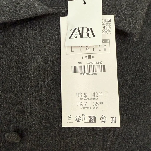 NWT Zara Charcoal Sweater Jacket / size L - Picture 2 of 7